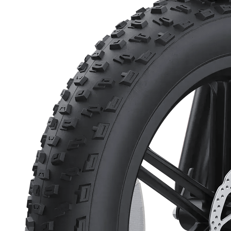 Close-up of 20-inch wide knobby tire with black spokes and disc brake