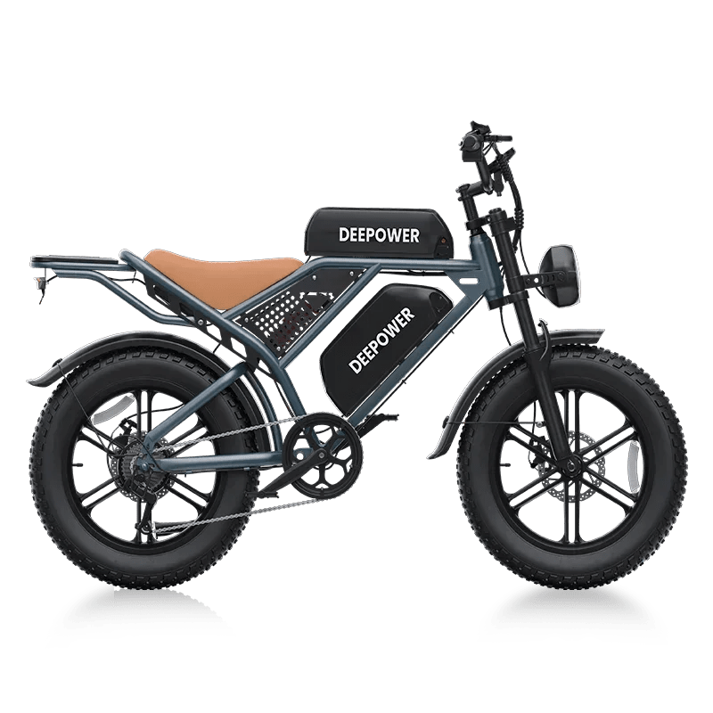 Deepower electric bike with fat tires, brown seat, and black frame labeled DEEPOWER