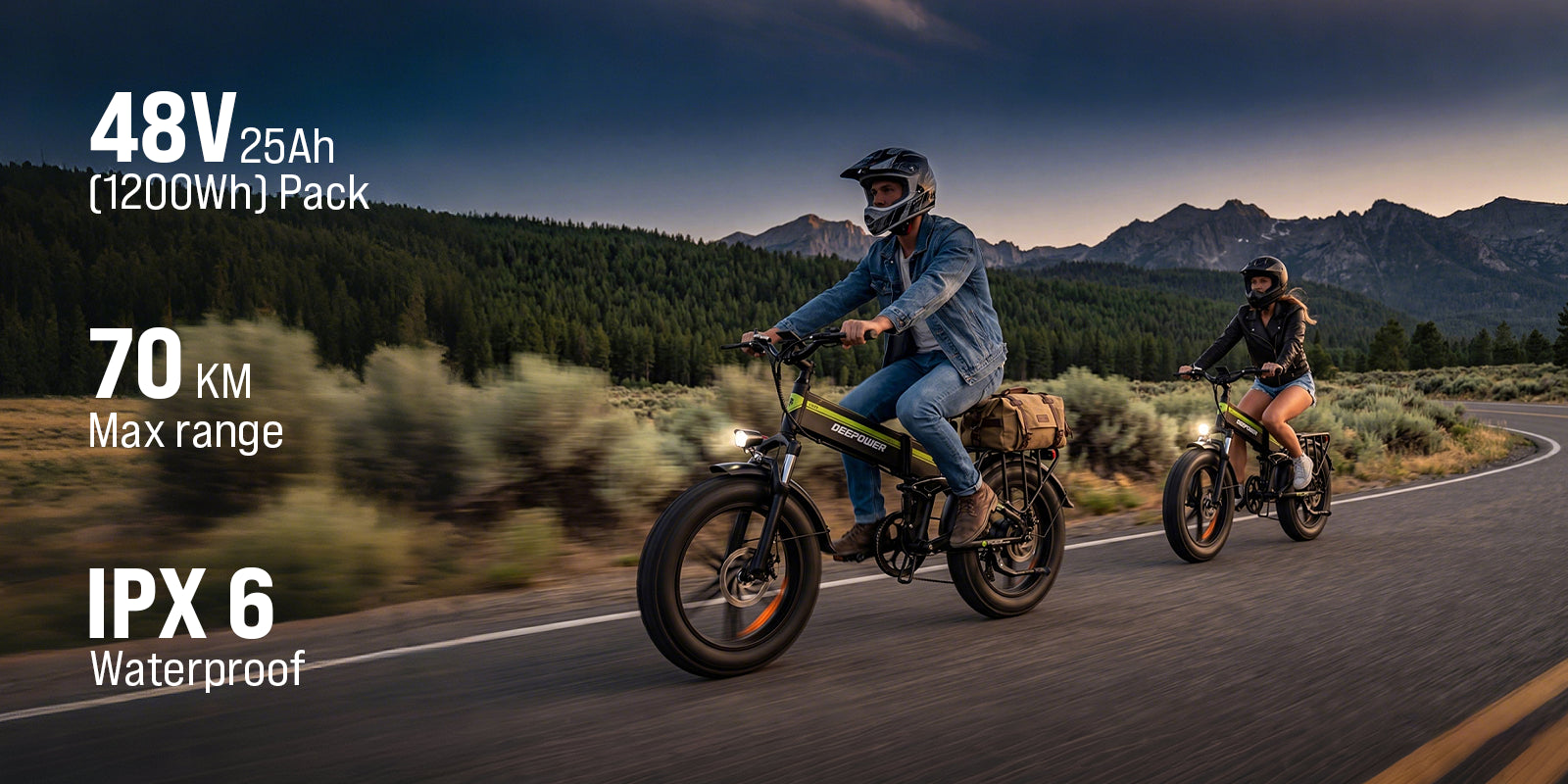Man and woman riding Deepower H20Pro folding fat tire ebike with 48V25Ah battery, 70KM range and IPX6 waterproof