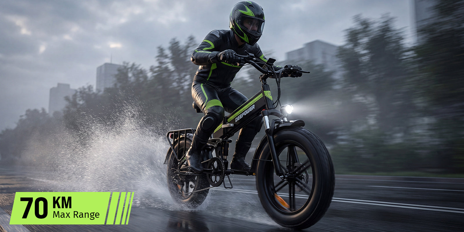 Rider riding Deepower H20Pro folding fat tire electric bike on wet city road, 70KM max long range
