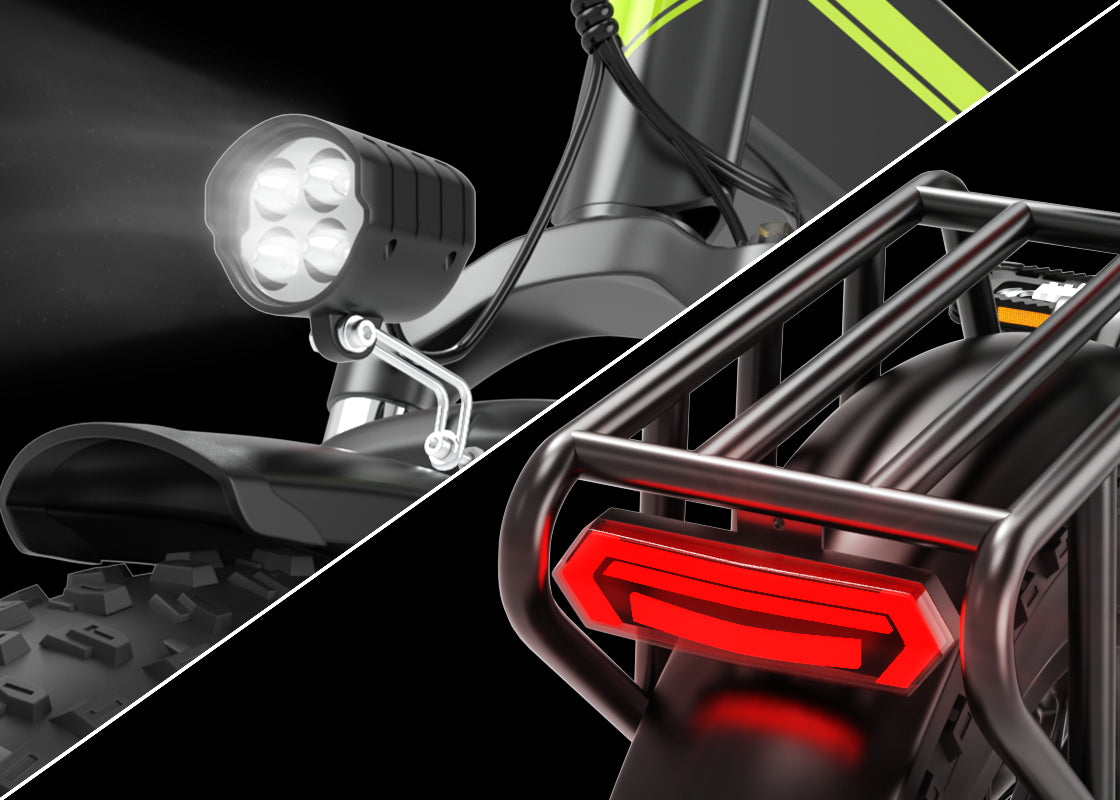 Split close-up of bright front LED headlight and red rear tail light on Deepower H20Pro folding fat tire electric bike