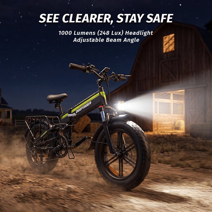 Deepower H20Pro folding fat tire electric bike with 1000 lumens headlight riding at night