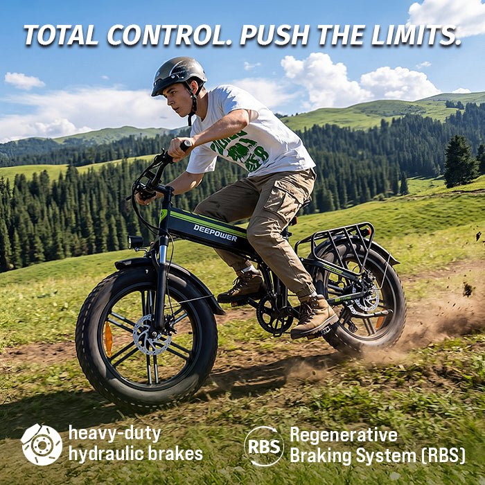 Man riding Deepower H20Pro folding fat tire electric bike on mountain trail with hydraulic brakes