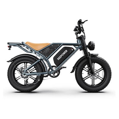DEEPOWER QS7 black fat tire electric bike with dual battery and brown saddle
