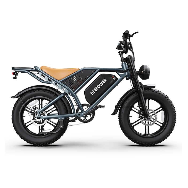 DEEPOWER QS7 black fat tire electric bike with dual battery and brown saddle