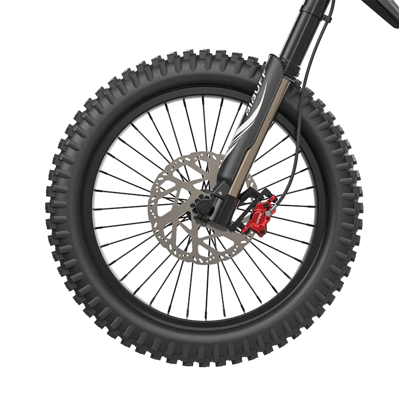 Deepower GT600 front knobby tire wheel and brake disc detail