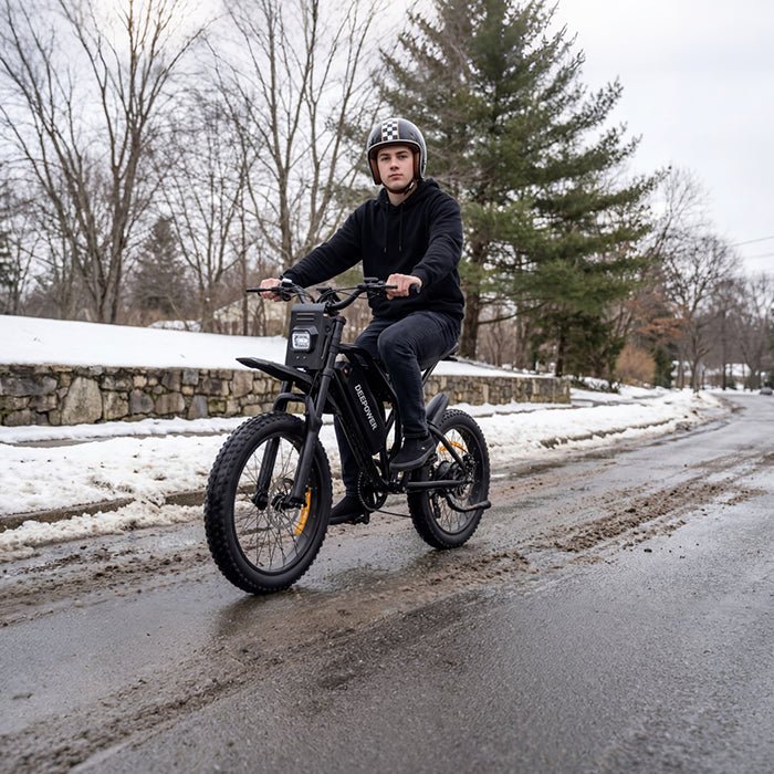 Deepower S21 off-road ebike riding on snowy wet road