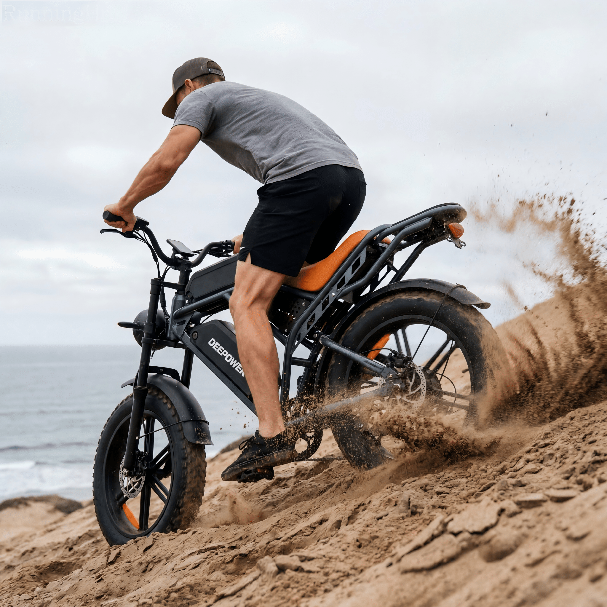 DEEPOWER QS7 fat tire e-bike climbing sandy terrain with rider