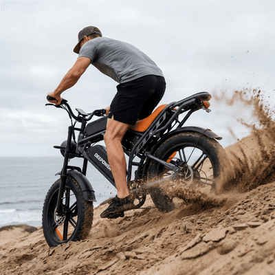 DEEPOWER QS7 fat tire e-bike climbing sandy terrain with rider