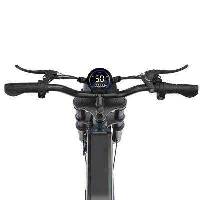 Electric bike handlebar with digital display showing speed 50 km/h and controls on black frame
