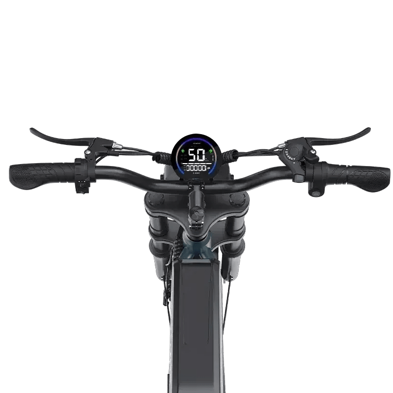 Electric bike handlebar with digital display showing speed 50 km/h and controls on black frame