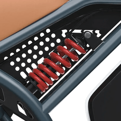 Close-up of red coil spring shock absorber on DEEPOWER QS7 electric bike
