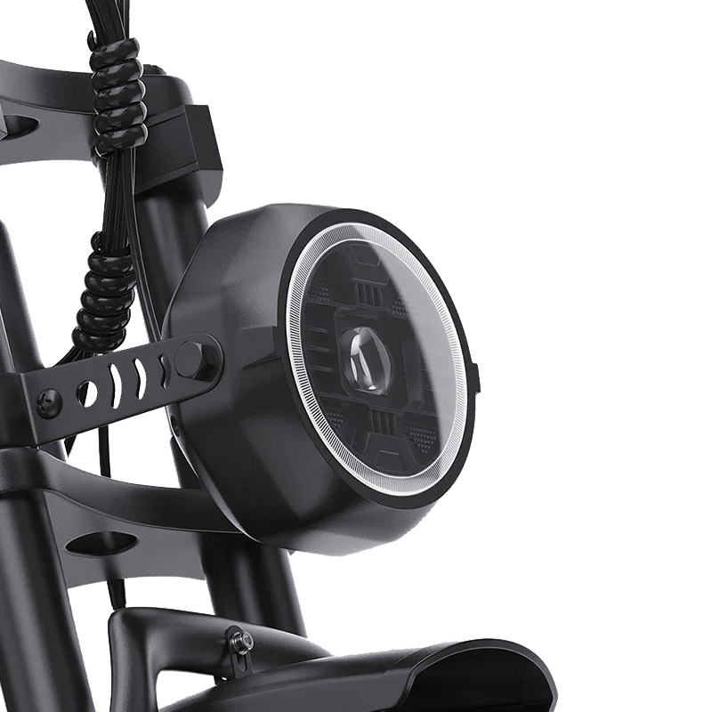 Close-up of black electric scooter LED headlight with round design and mounting bracket