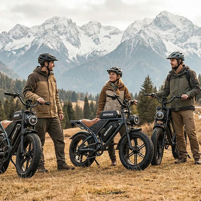 Group of riders with DEEPOWER QS7 electric bikes on mountain trail