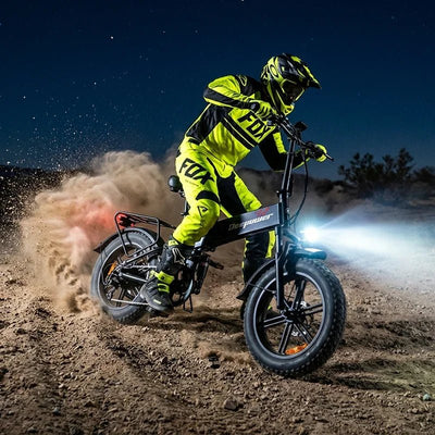 Rider off-roading Deepower A5 folding fat tire electric bike at night