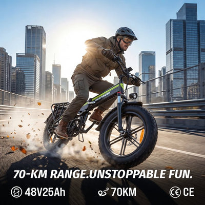 Man riding Deepower H20Pro folding fat tire electric bike in modern city downtown