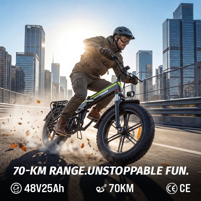 Man riding Deepower H20Pro folding fat tire electric bike in modern city downtown