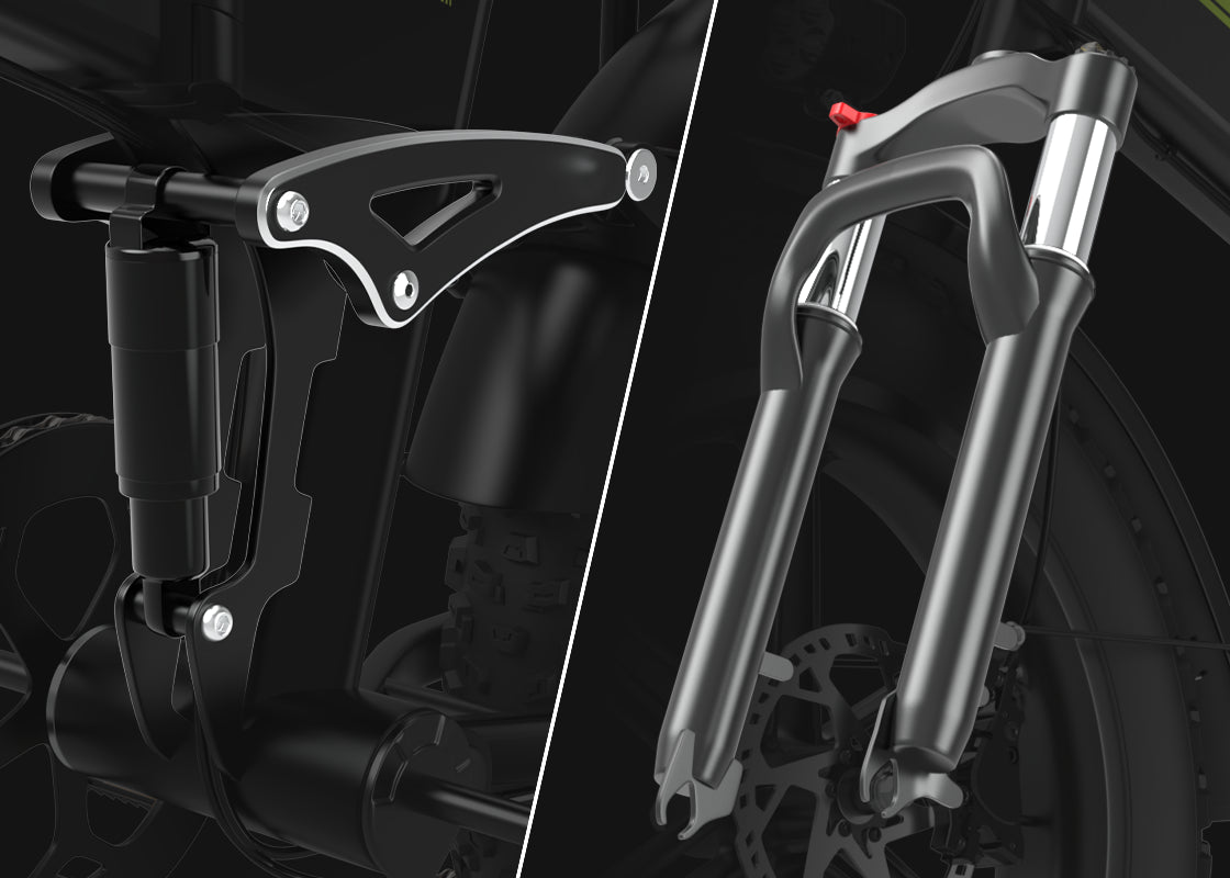 Split view of front suspension fork and rear shock absorber full suspension system for Deepower H20Pro folding fat tire electric bike