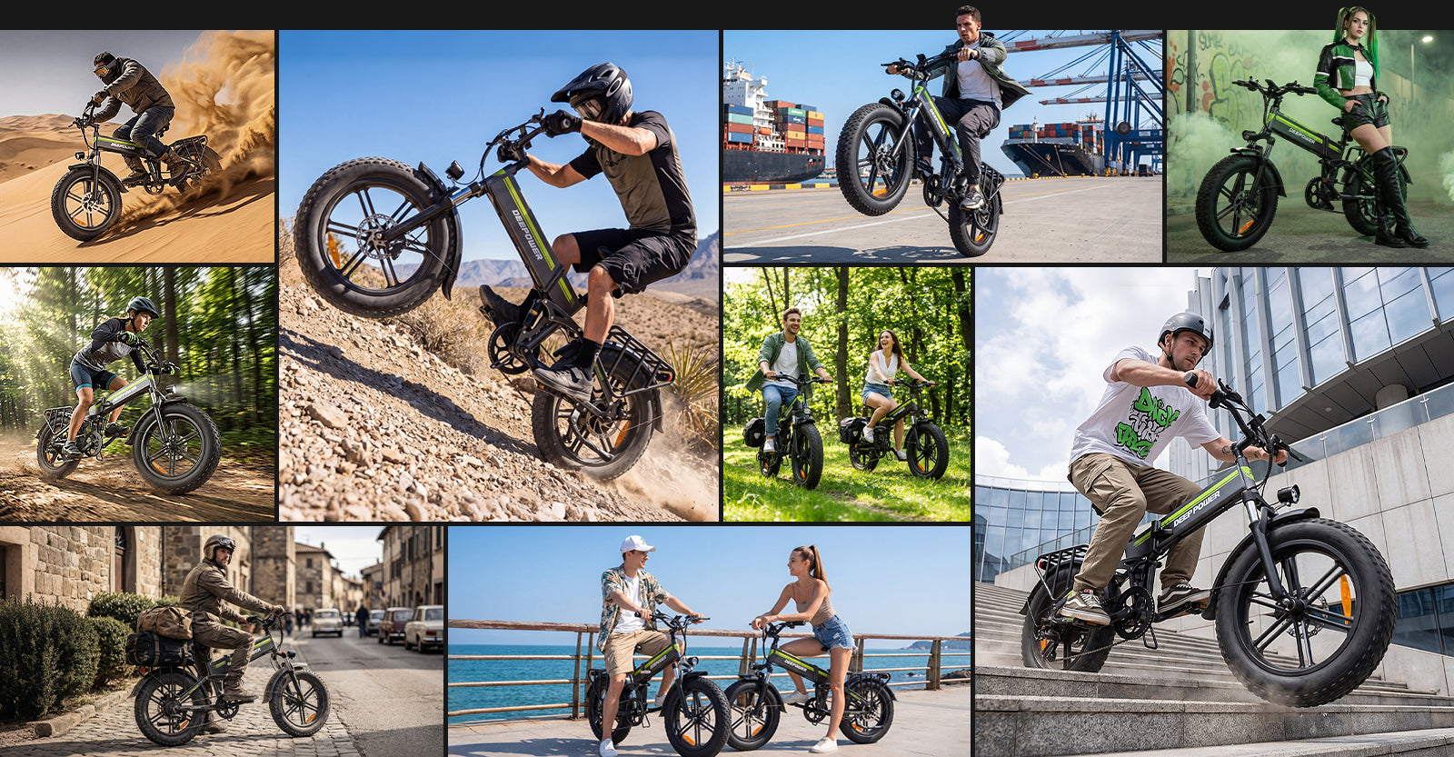 Collage of multiple usage scenarios for Deepower H20Pro folding fat tire electric bike, offroad mountain desert city seaside commuting