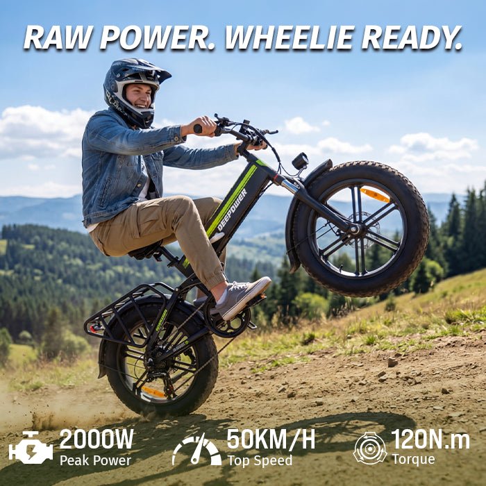 Man doing wheelie on Deepower H20Pro high power folding fat tire electric bike